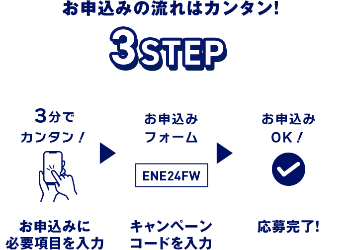 お申込みに必要項目を入力 キャンペーンコードを入力 応募完了！