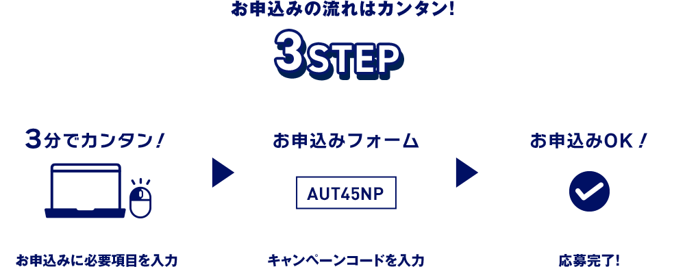 お申込みに必要項目を入力 キャンペーンコードを確認画面で入力 応募完了!