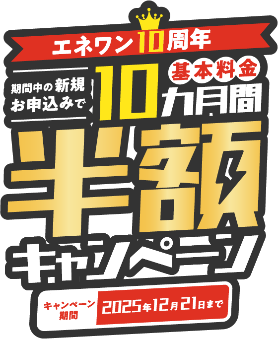 エネワン10周年 期間中の新規申し込みで10ヵ月間基本料金半額キャンペーン キャンペーン期間2025年12月21日まで