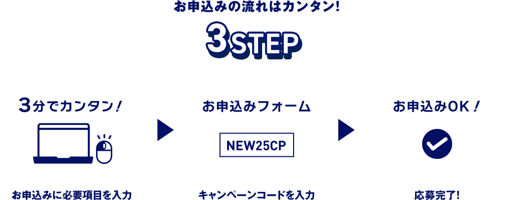 お申込みに必要項目を入力 キャンペーンコードを確認画面で入力 応募完了！