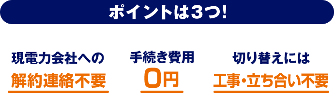 ポイントは3つ！ 現電力会社への解約連絡不要 手続き費用0円 切り替え工事立ち合い不要