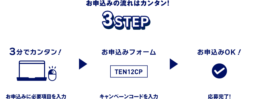 お申込みに必要項目を入力 キャンペーンコードを確認画面で入力 応募完了!