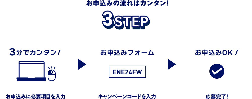 お申込みに必要項目を入力 キャンペーンコードを入力 応募完了！