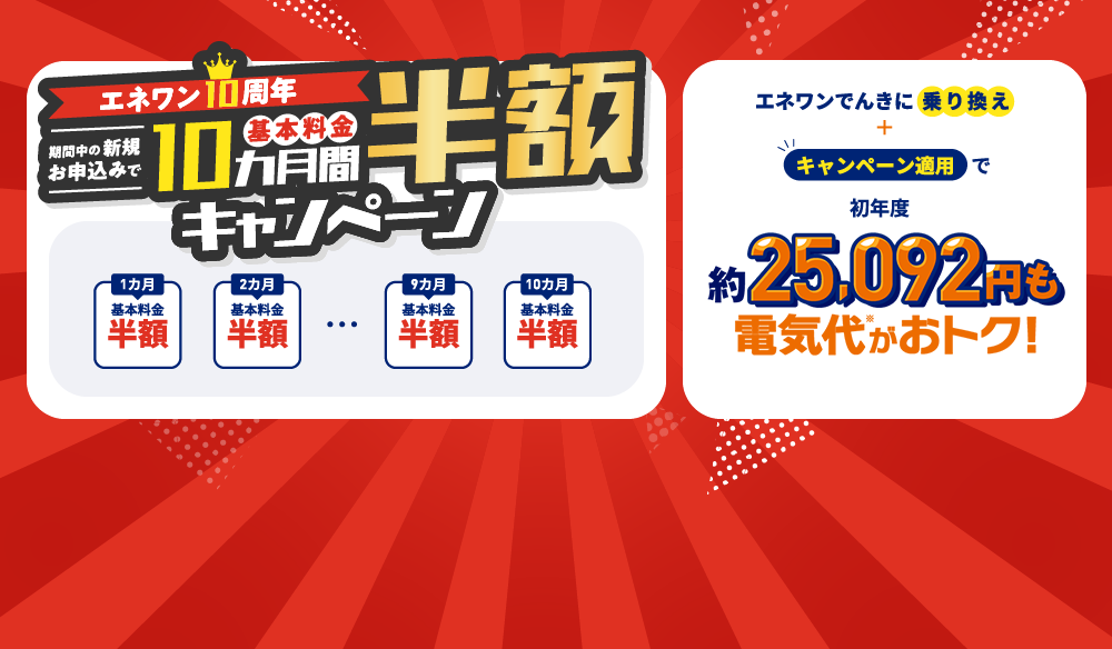 エネワン10周年 期間中のお申込みで基本料金10ヵ月間半額キャンペーン